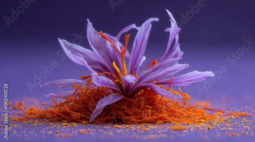 Crocus flower stigma (saffron threads), vivid orange against purple, expensive spice concept