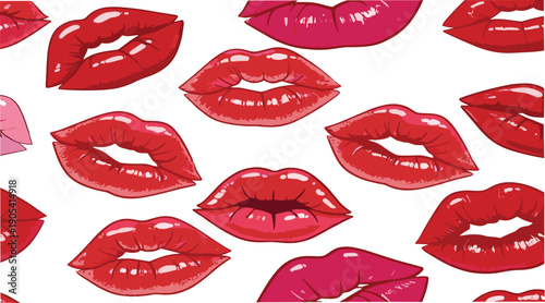 Red glossy lips seamless pattern with stylish lipstick mouth prints decorative vector illustration background design
