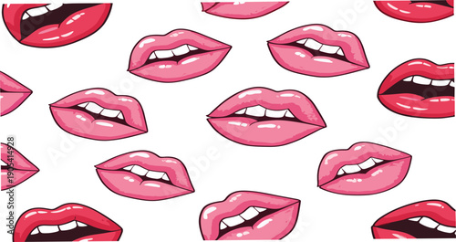Glossy pink lips seamless pattern with stylish lipstick mouth prints decorative vector illustration background design