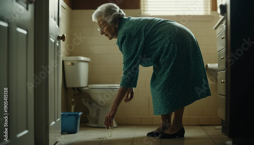 Senior Woman Picking Up Glasses From Bathroom Floor with Care