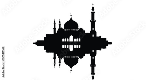 Islamic mosque silhouette with domes and minarets on white background