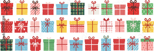 Large colorful gift box collection with various wrapped festive presents cartoon vector illustration set for holiday celebration design