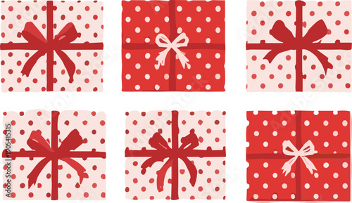 Red polka dot gift box collection with cute wrapped presents and bows festive cartoon vector illustration set