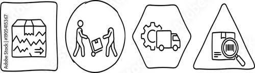 Hand drawn logistics icons featuring delivery box, warehouse workers with hand truck, shipping truck gear, and barcode scanning in geometric frames