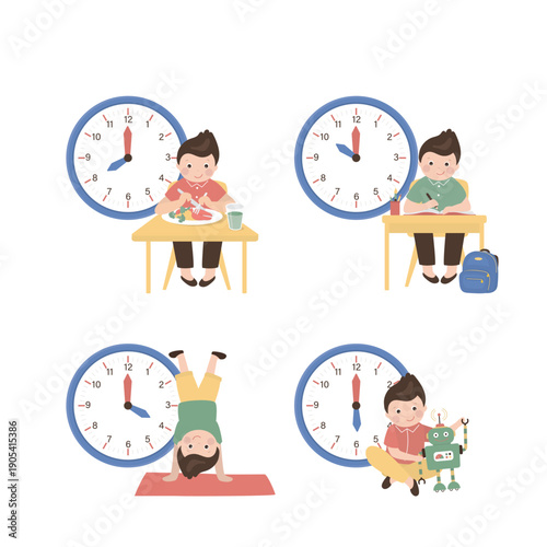 Kid daily routine activities. Cheerful boy performs various daily activities. Scheduler, alarm clock. Take a food, sport, studying at school or homework, play games