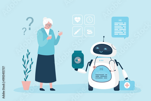 Elderly woman take pills. Diagnosis and treatment. Medicine and healthcare. Robot helper holding vial and controls the intake of medications. Drug reminder,