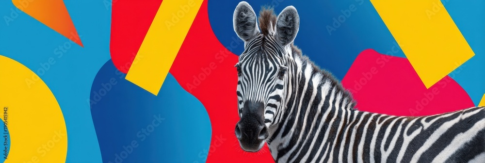 Naklejka premium Zebra against vibrant colorful abstract geometric shapes