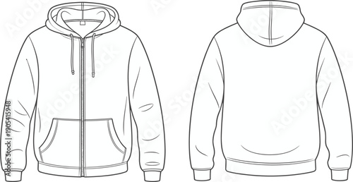 Zip up hoodie vector illustration showing front and back views with hood and pockets in clean minimalist line apparel styleZip up hoodie vector illustration showing front and 