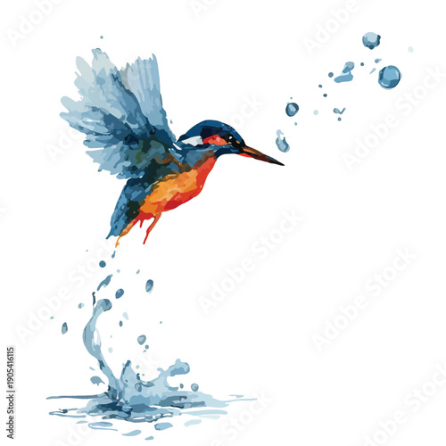 Vibrant Kingfisher Bird Emerging Water Splash Illustration.