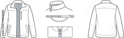 Technical jacket vector illustration showing front back and detail views with zipper collar construction in clean flat apparel designTechnical jacket vector illustration showing 