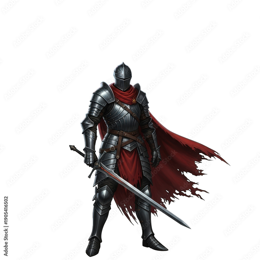 Fototapeta premium Medieval knight in dark plate armor with long sword and cape