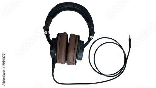 Professional over-ear headphones with audio cable on transparent background