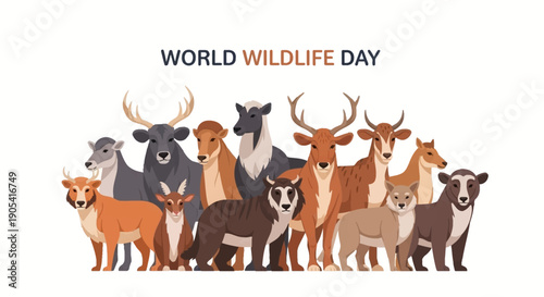 A vibrant illustration of various wildlife animals celebrating World Wildlife Day with a colorful and lively design on a white background.