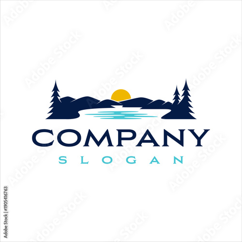 Lake and hill views with retro style design