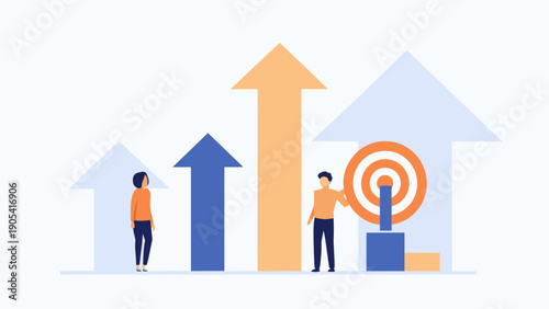 Flat business illustration of decision making process with two people standing by arrows