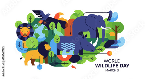 A vibrant illustration celebrating World Wildlife Day with various animals and nature elements on a white background.