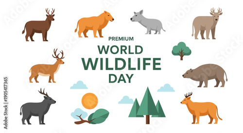 Vector illustration of various animals and nature elements celebrating World Wildlife Day with a design theme.