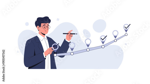 Businessman analyzing growth chart with magnifying glass and pen, planning strategy