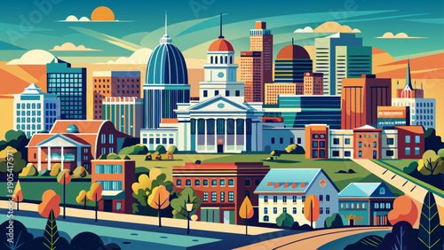 Very beautiful downtown Columbia, Missouri cityscape capturing urban charm, balanced architecture, and a calm Midwestern atmosphere that complements the surrounding academic environment.
