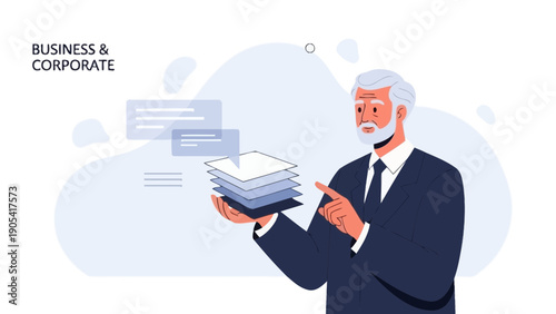 Mature Businessman Holding Stacked Papers with Speech Bubbles, Business & Corporate