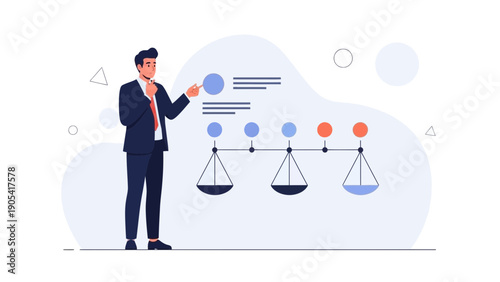Businessman presenting balance scale chart, strategy, decision making, business concept
