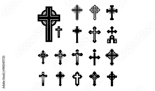 Christian cross icon silhouette black vector religious set