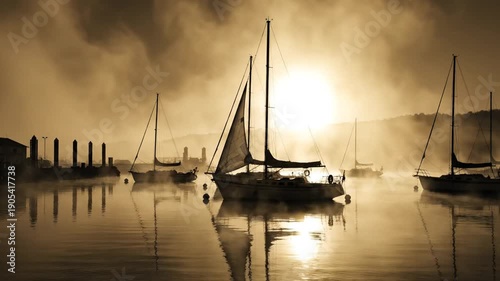 Boats anchored in a misty harbor at sunrise with foggy background and calm waters
