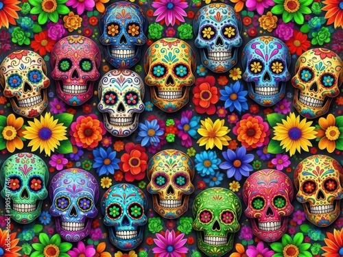 Vibrant sugar skulls surrounded by colorful flowers