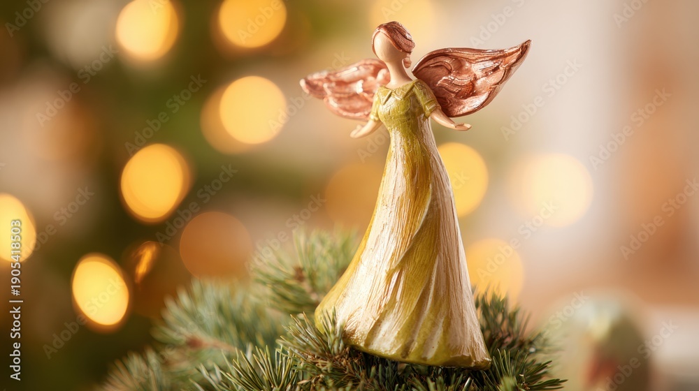 Fototapeta premium Wooden angel atop Christmas tree with lights in the background