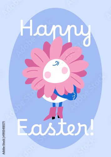 Egg with pink flower costume in oval frame on blue background, Happy Easter card
