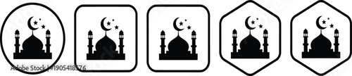 Islamic mosque icons set with crescent moon and stars in circular square and hexagonal frames for Ramadan Kareem and Eid,