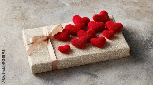 Gift box with red hearts on top for a special occasion or celebration