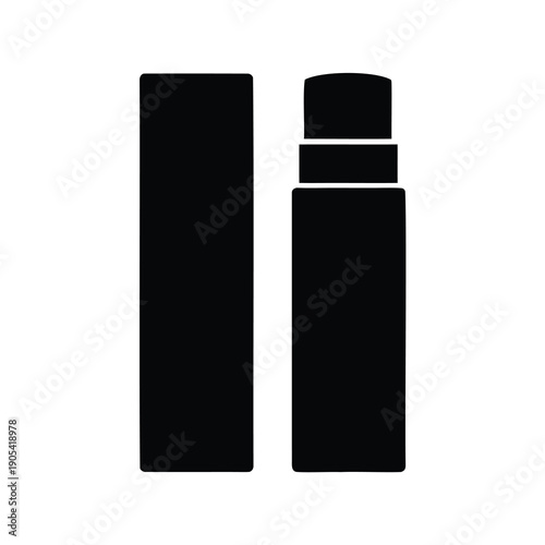 Elegant black perfume bottle with cap alongside its box, simple design