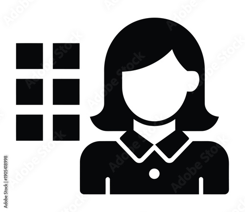 Vector graphic of a professional woman standing next to a grid layout