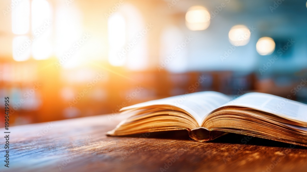 Fototapeta premium Book rests on a wooden table with sunlight shining in a library
