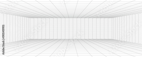 Futuristic perspective grid box. Abstract wireframe with white grid line on white background. Virtual reality landscape in 80s 90s digital style. Vector