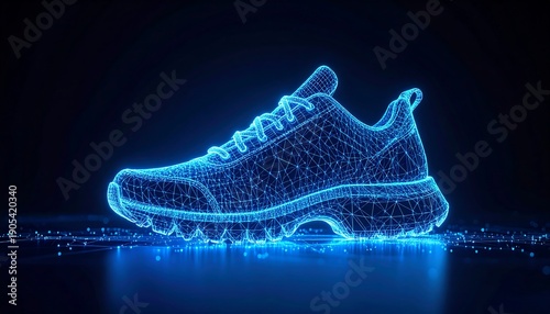 A stylized rendering of a shoe. This futuristic look has a blue, digital wireframe design floating against a dark background, creating an airy glow
