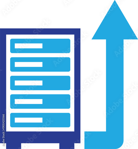 Cloud server data migration icon with blue server rack and upward arrow showing storage scalability