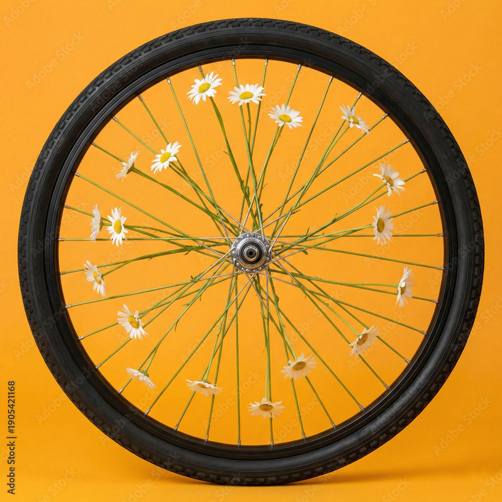 Fototapeta premium Bicycle wheel with daisy flowers