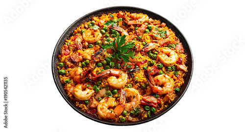 Slika na platnu Spanish paella with shrimp, mussels, and saffron rice, isolated on a transparent