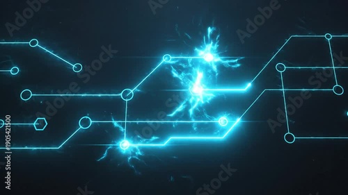 Blue glowing lines connect nodes on a dark digital board