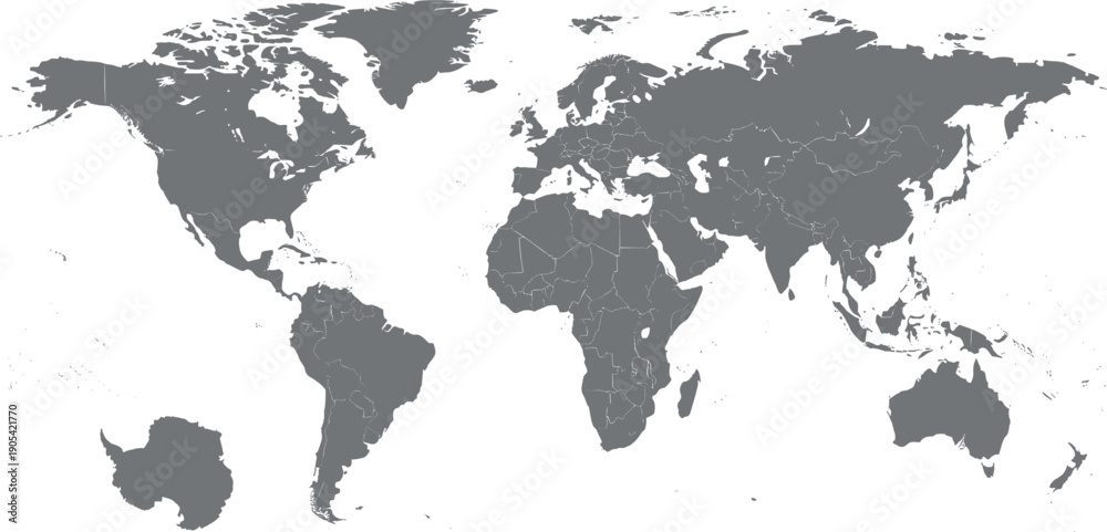 Obraz premium High detailed world map with country borders isolated on white background gray global cartography vector for infographics business presentation and educational geography projects.