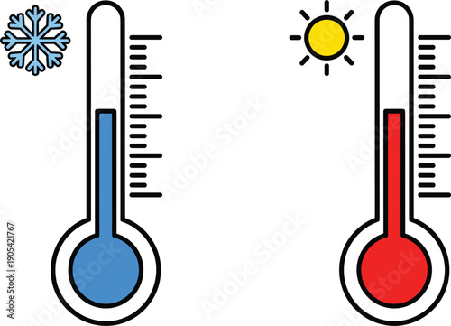Hot and cold thermometer vector set with sun and snowflake icons for weather forecast temperature measurement climate change and HVAC service design.