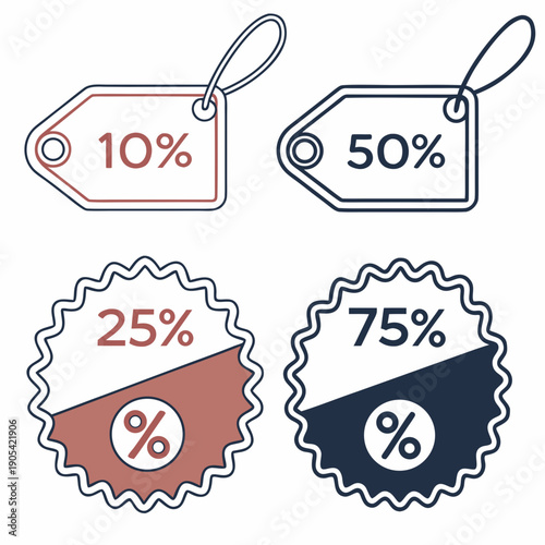 Illustration of discount tags with varying percentages including ten fifty twenty five and seventy five