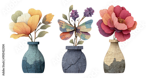 Colorful Floral Arrangement with Butterfly in Decorative Vases on Transparent Background