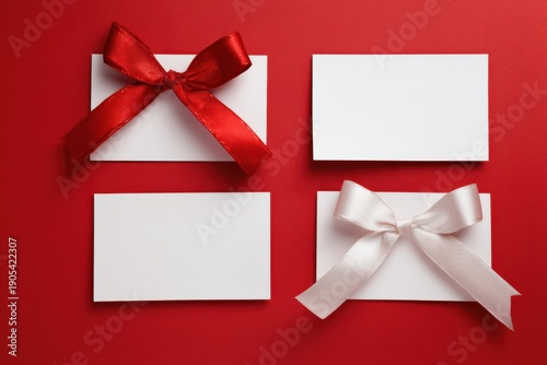 Blank cards with red and white bows on red background