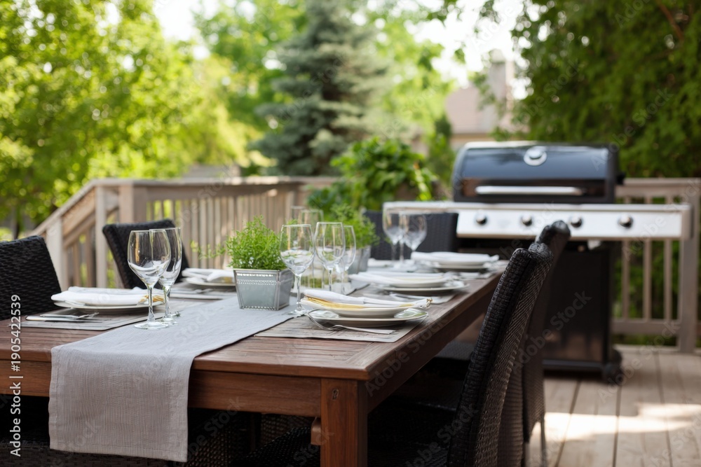 Fototapeta premium Outdoor dining table with grill on sunlit deck