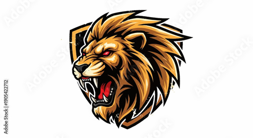Fierce Roaring Lion Head Mascot Illustration with Golden Mane and Intense Red Eyes.