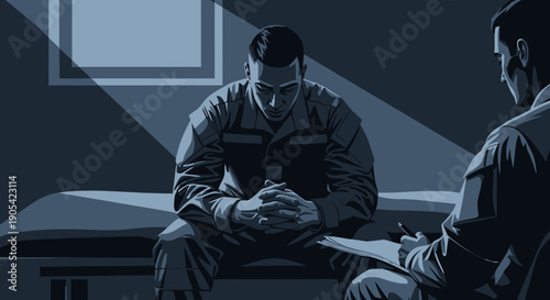Monochrome scene of soldier in therapy session with counselor
