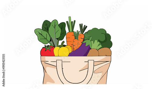 Eco-friendly reusable fabric bag with fresh vegetables vector illustration.